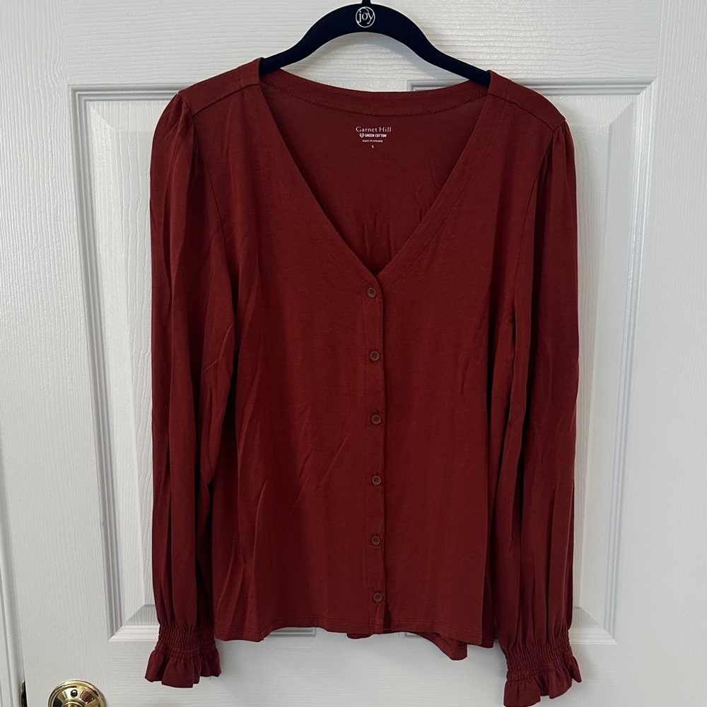 Garnet Hill Button-Front V-Neck Blouse - Deep Red/Burgundy Size Small